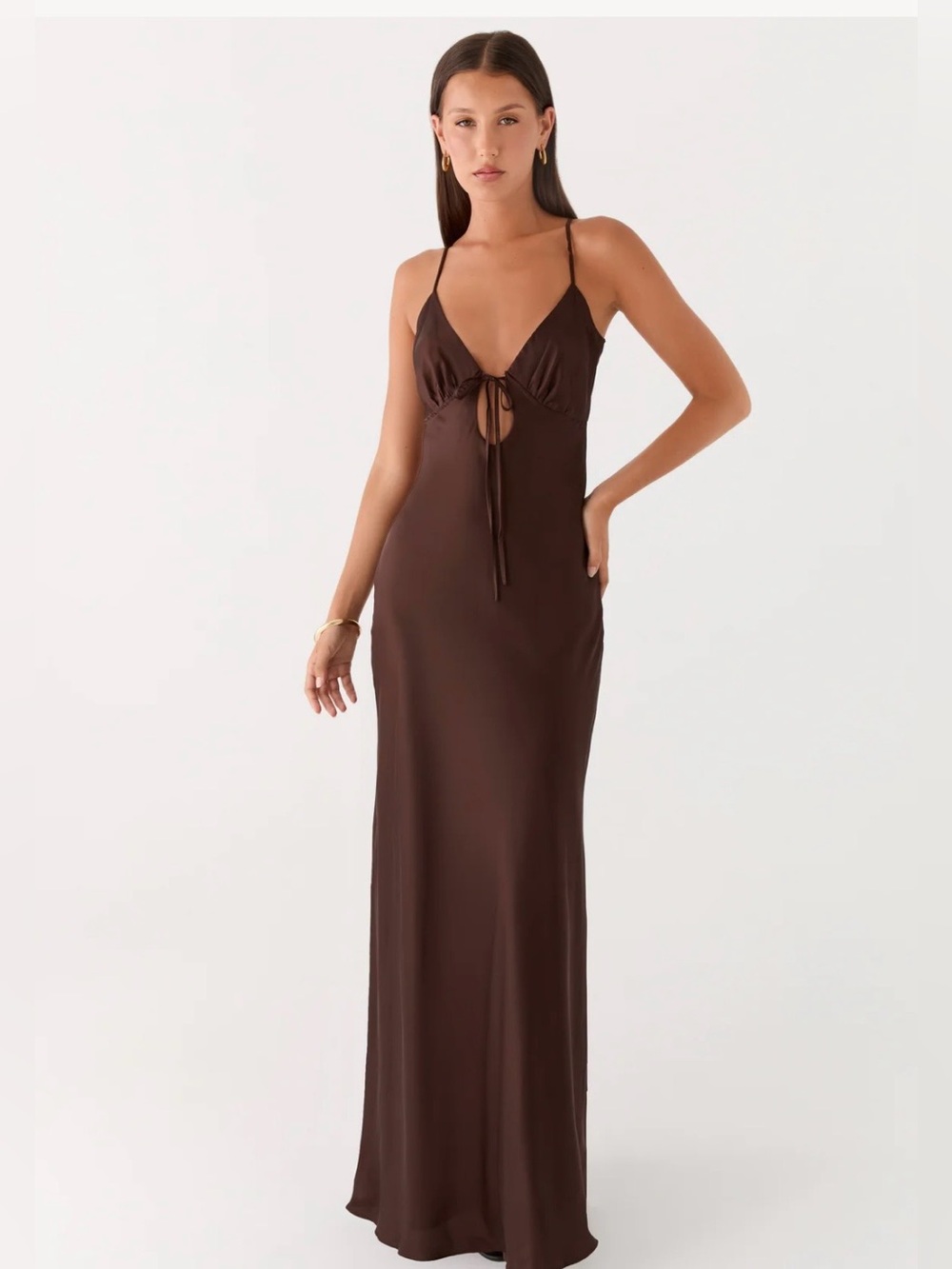 Peppermayo Chocolate Brown Tie-Front Maxi Slip Dress